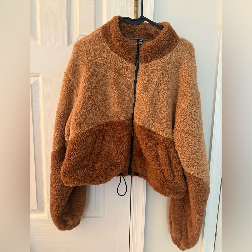 SHEIN Two-Tone Teddy Sherpa Jacket in Tan & Brown